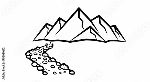 Stylized mountain range with a rocky path leading towards it