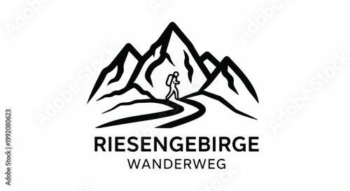 Stylized mountain range with a solitary hiker on a path