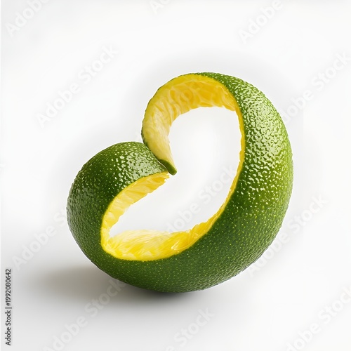Exotic Yuzu Bumpy Peel Curled Strip. Lime peel curl isolated PNG on transparent background, vibrant green citrus zest garnish for cocktails and culinary decoration.