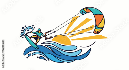 A person kitesurfing on waves with a colorful kite under a bright sun