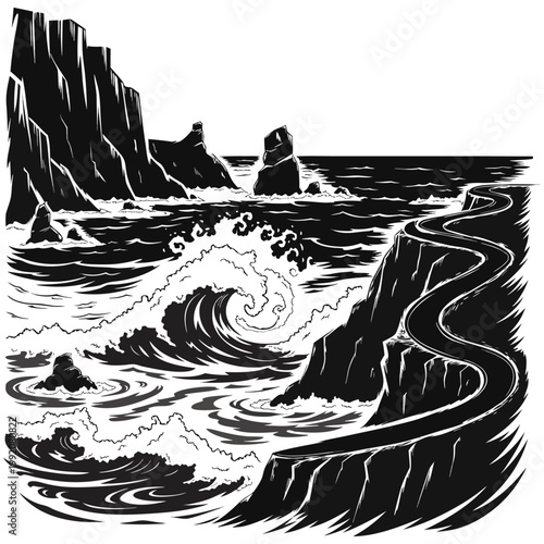 Scenic coastal landscape with winding road on high cliffs and ocean view in black and white sketch style