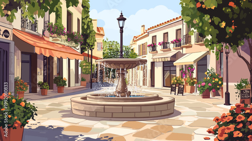 A charming, stylized illustration depicts a European street scene with a fountain and flower-filled planters