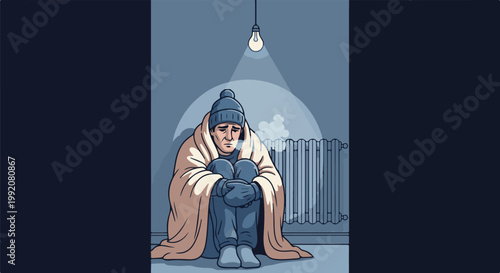 A person sits hunched and wrapped in a blanket under a bare light bulb, looking cold