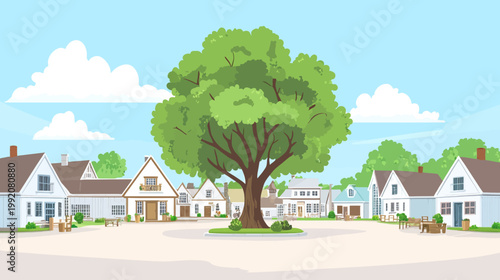 Cartoon depiction of houses surrounding a tree with blue sky, clouds, and a central tree in a circle