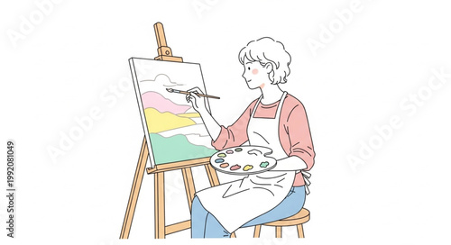 Woman artist painting a landscape on canvas easel with palette and brush.