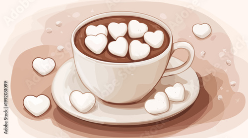 Illustration of a cup of hot chocolate with heart-shaped marshmallows, serene and cozy