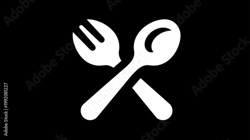 White crossed fork and spoon icon on black background, representing dining, food, restaurant menu, kitchen, and eating utensils.