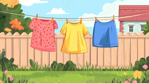 A cartoon scene featuring laundry hanging on a clothesline in a backyard, sunny day
