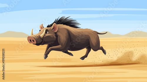 A cartoon depiction of a running, brown wild pig in a desert setting with sand and sky
