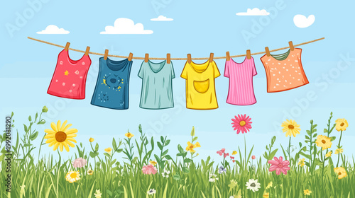 Colorful illustrated scene of laundry hanging on a clothesline above a vibrant field of wildflowers
