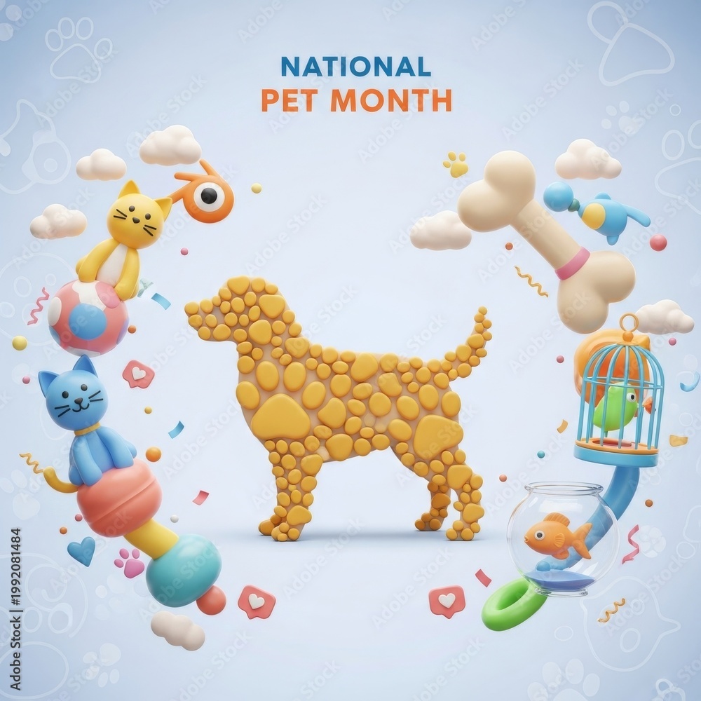 Naklejka premium 3D illustration celebrating National Pet Month with various animal toys
