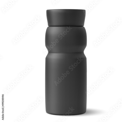 Black sports bottle mockup with a closed lid, realistic icon.