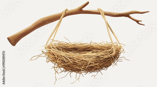 A digitally rendered image of a nest constructed from straw, suspended from a branch