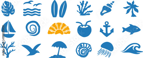 Vector set of marine elements including waves, anchor, fish, shell, coral, boat, palm tree, jellyfish, seagull and more. Minimal flat style, perfect for design, icons, prints and decoration