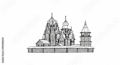 Sketch of a historic wooden church with multiple domes and a bell tower