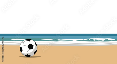 A classic black and white soccer ball rests on a serene sandy beach while gentle blue ocean waves roll under a clear white sky background scene.