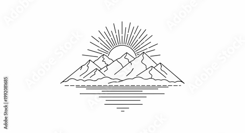 Stylized mountain range with sunburst rising over water reflection