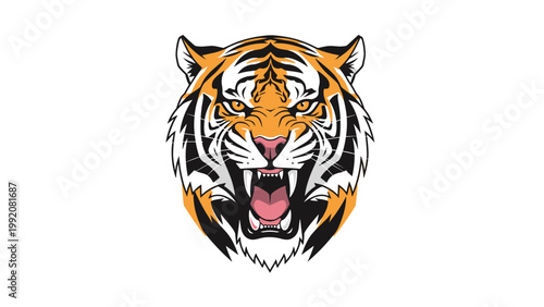 Powerful tiger head illustration showing an angry expression and bared teeth for sports team mascots and wildlife logos.