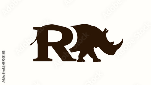 Stylized Rhinoceros and Letter R Combination Logo Concept on a Light Background. Modern Monogram Design for Branding.