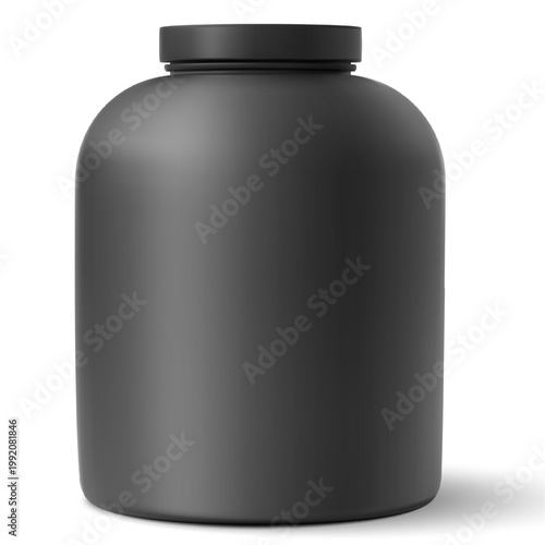Realistic mockup of a black jar with a closed lid for sports nutrition.