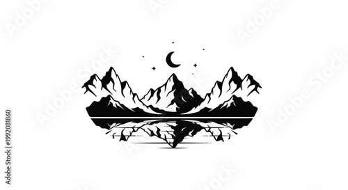 Stylized mountains under moon and stars reflect in water