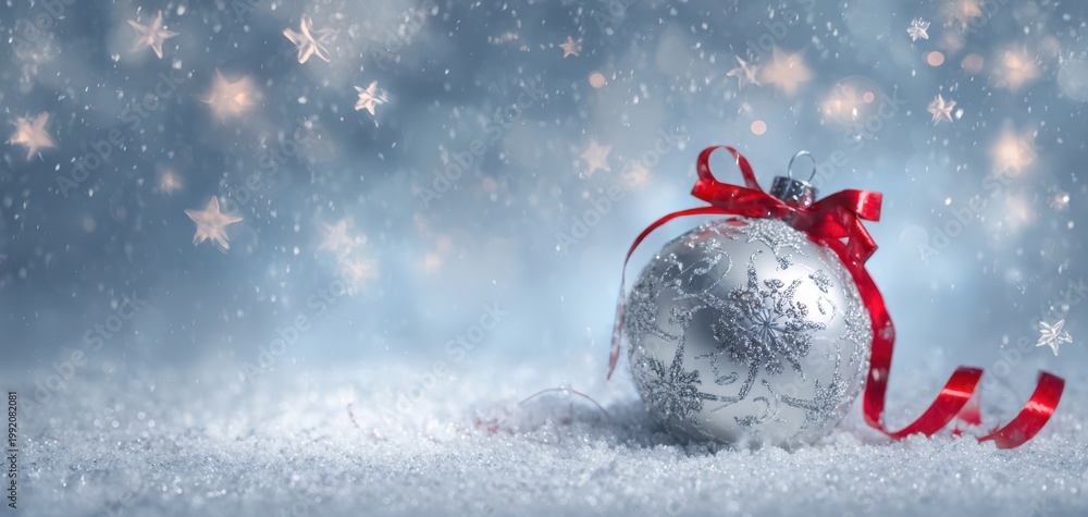 Fototapeta premium The Silver Christmas Ornament with Red Ribbon on Snowy Surface and Starry Bokeh