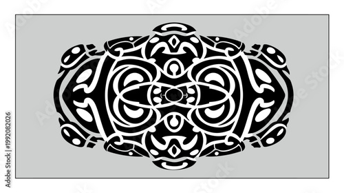 Intricate black and white abstract ornamental design. Symmetrical ethnic style pattern with flowing shapes, ideal for decoration or tattoo art.