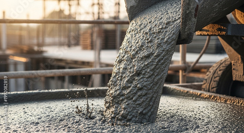 A large machine pours cement into a metal container on a construction site