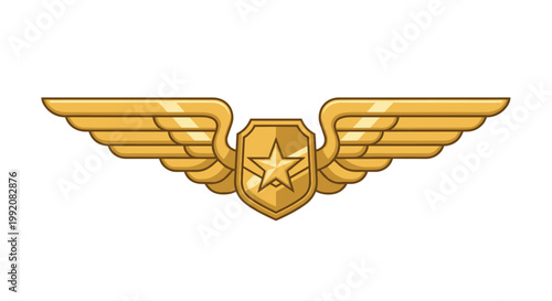 A gleaming golden aviation emblem displays a central shield embossed with a star flanked by two symmetrical outstretched wings on a white background.