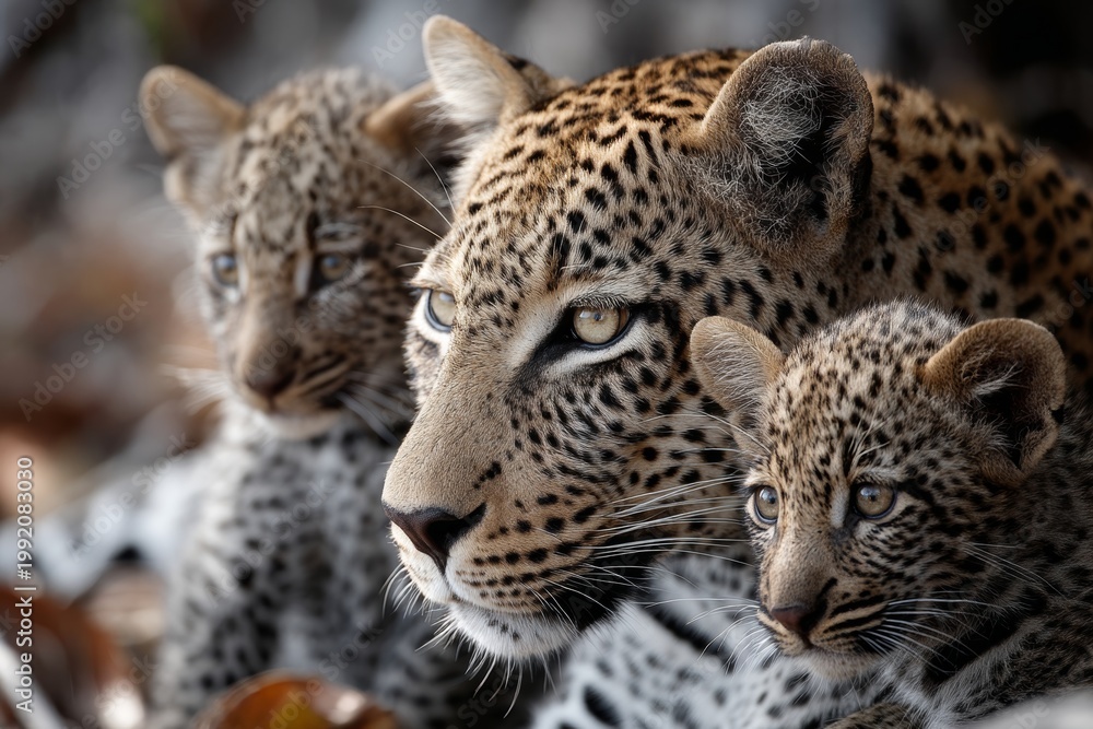 Fototapeta premium Portrait of a leopard with its cubs