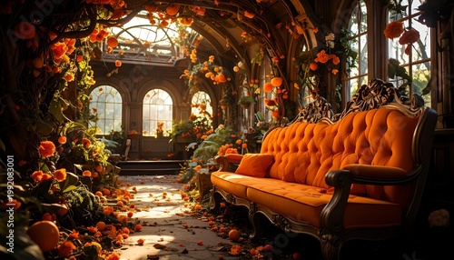 Ornate orange sofa situated in a bright, sunlit greenhouse full of blossoming flowers and natural beauty