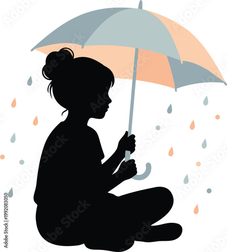 Silhouette of a young girl sitting under a colorful umbrella during rain shower with water droplets representing weather protection autumn season childhood peace monsoon and emotional concept for digi