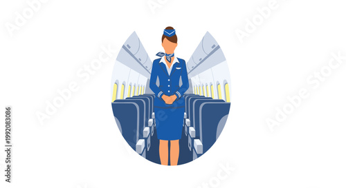 A professional female flight attendant wearing a formal blue uniform stands poised within a central aisle of a modern commercial airplane cabin interior.