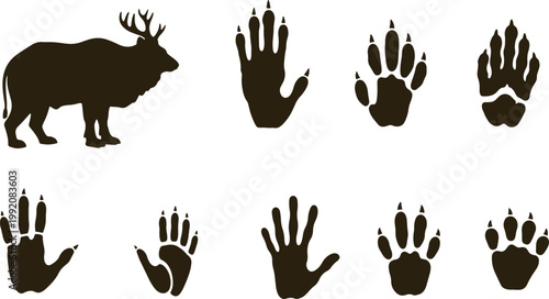 Brown silhouette of elk and animal paw prints on transparent background vector illustration.