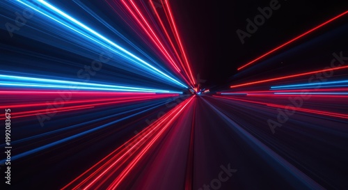 Abstract blue and red light streaks creating a fast, dynamic motion background suitable for technology and high-speed concepts, graphic, design, futuristic