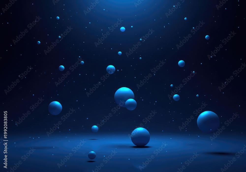 Fototapeta premium Abstract dark blue background featuring numerous soft floating illuminated spheres and subtle particle effects, creating a deep, mysterious visual space, futuristic, ethereal, blue