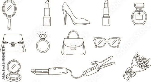 Outline icons of beauty accessories mirror lipstick high heel handbag ring glasses perfume.