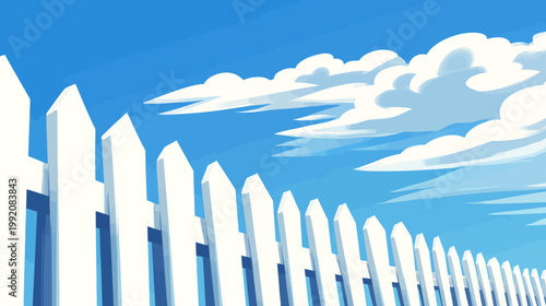 Low-angle view of a white picket fence under a bright blue sky with fluffy white clouds