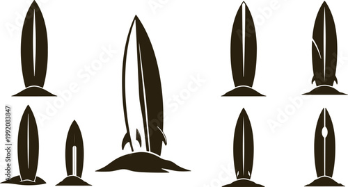 Collection of brown surfboard silhouettes standing on sand on transparent background vector art.