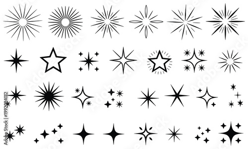 Hand-drawn black and white sparkle and starburst shapes collection for design elements