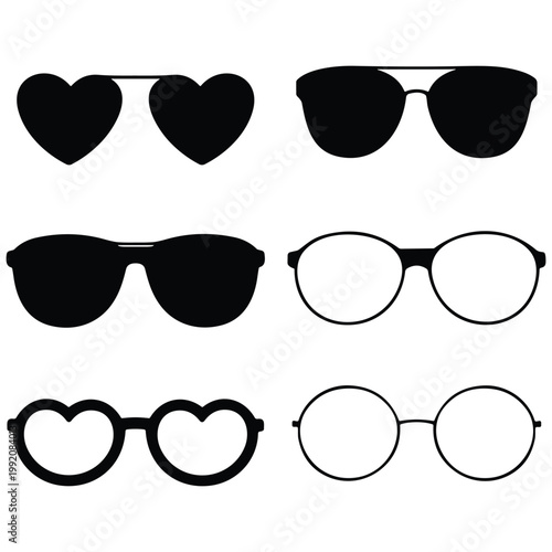Set of six stylish black sunglasses and heart-shaped eyeglasses in flat lay composition