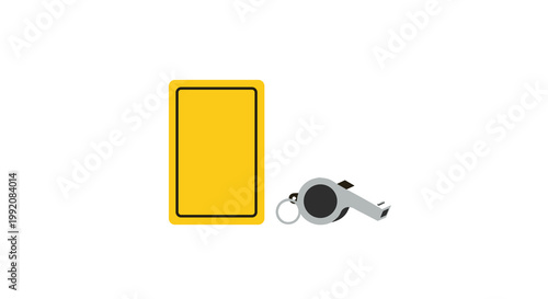 A vibrant yellow penalty card stands upright beside a polished silver referee whistle featuring a black mouthpiece against a clean and minimalist white backdrop.