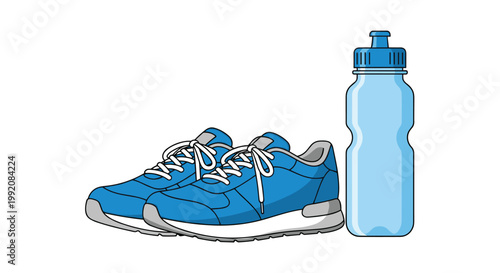 A pair of vibrant blue athletic running shoes with crisp white laces rests neatly beside a translucent blue plastic sports water bottle for hydration.