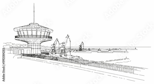 Sketch of a modern port control tower overlooking cranes and ships