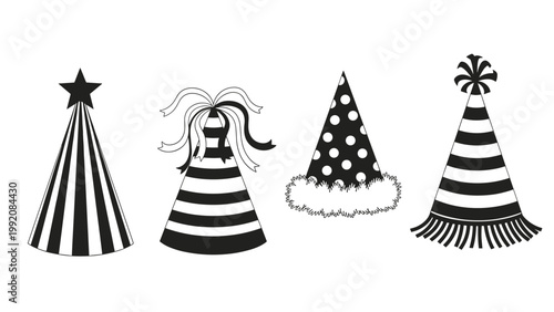 Set of four different party hat designs in black and white featuring stars stripes polka dots and pom-poms for birthday celebrations.