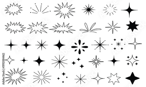 Hand-drawn black and white sparkle and starburst icons set on white background