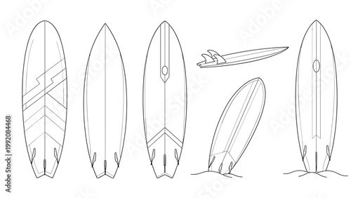 Simple black and white line drawings of five different surfboard designs showing various shapes and fin setups for surfing enthusiasts.