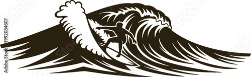 Silhouette of surfer riding breaking ocean wave, dramatic water splash and powerful movement.