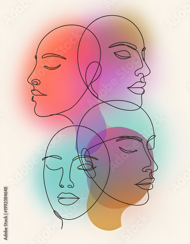 Diverse Minds: Minimalist line art faces overlapping in vibrant gradients representing peaceful calm emotion within an artistic abstract composition