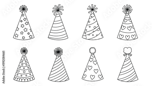 Collection of eight unique party hat designs in black and white line art featuring stars hearts stripes and decorative pom-poms for kids.